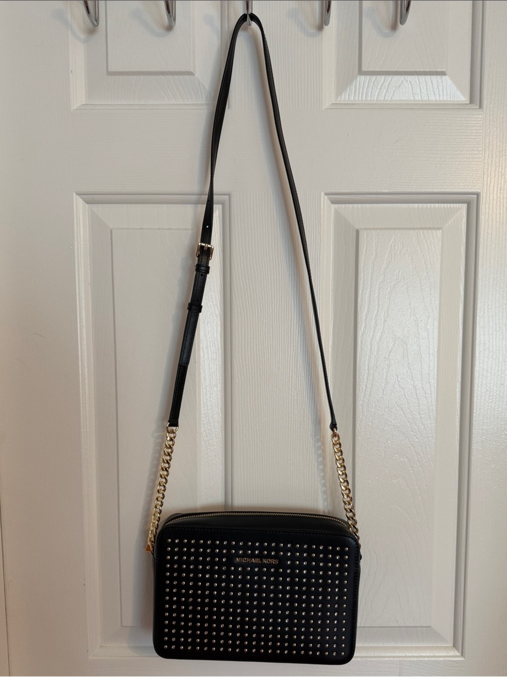 MICHAEL Michael Kors Black Studded Crossbody with Gold Chain